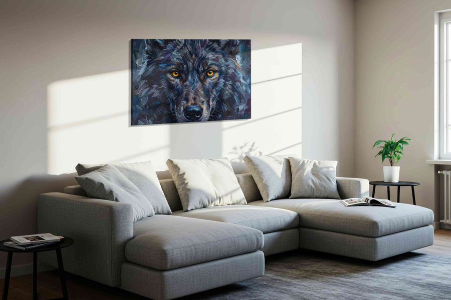 Ethereal Gaze of the Nocturnal wolf canvas print, displayed in a living room