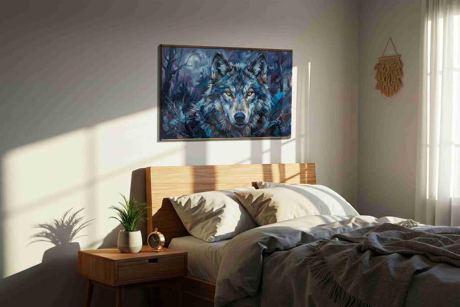 Ethereal Night Guardian wolf canvas print, displayed in a bedroom
