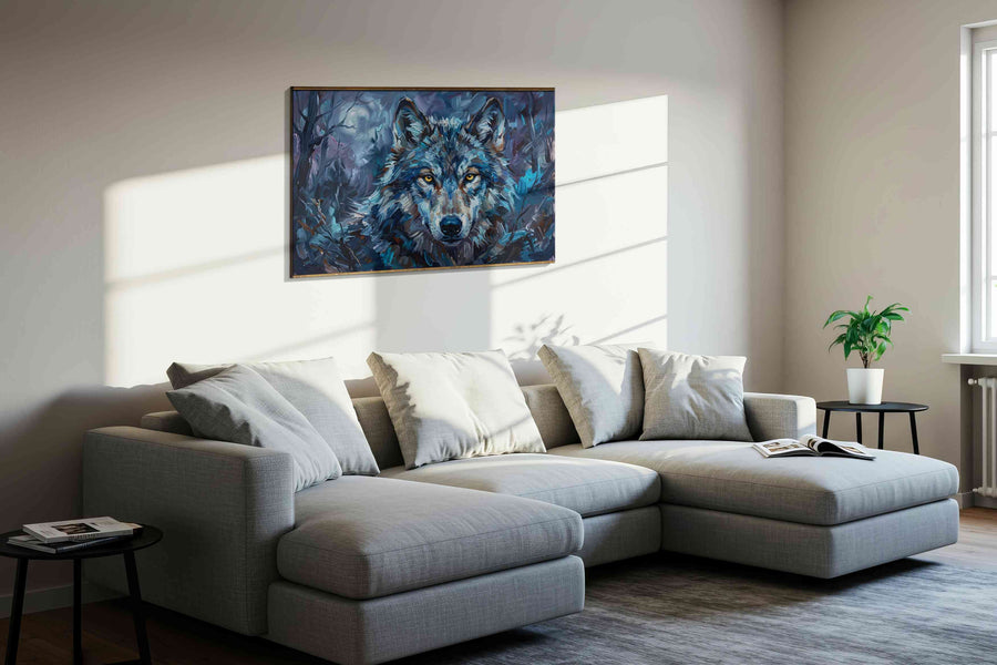 Ethereal Night Guardian wolf canvas print in a living room scene