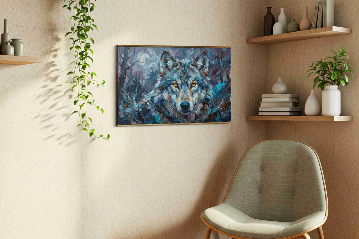 Ethereal Night Guardian wolf canvas print, displayed in a living room