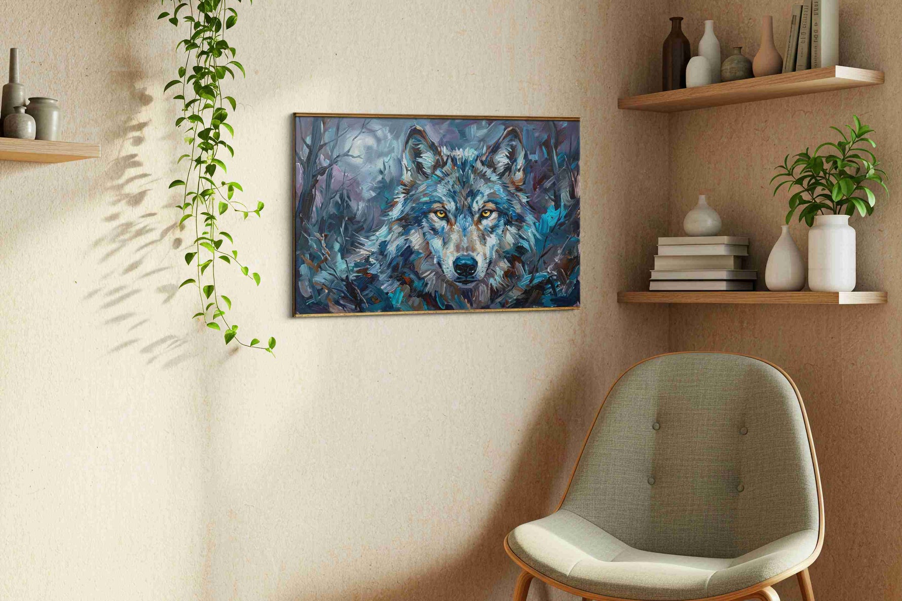 Ethereal Night Guardian wolf canvas print, displayed in a living room