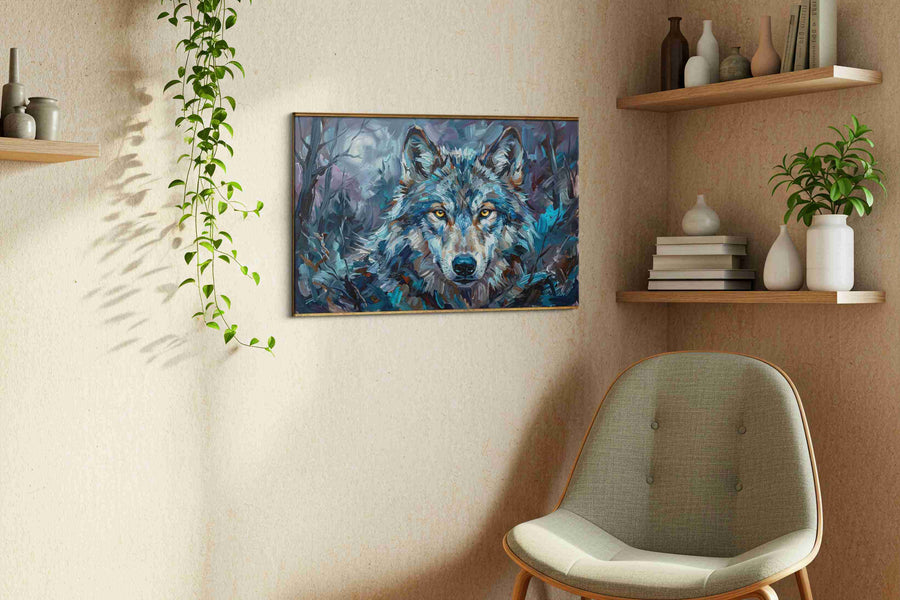 Ethereal Night Guardian wolf canvas print, displayed in a living room