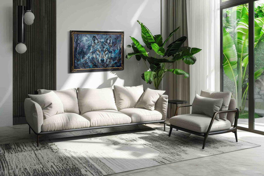 Ethereal Night Guardian wolf canvas print in a modern interior mockup
