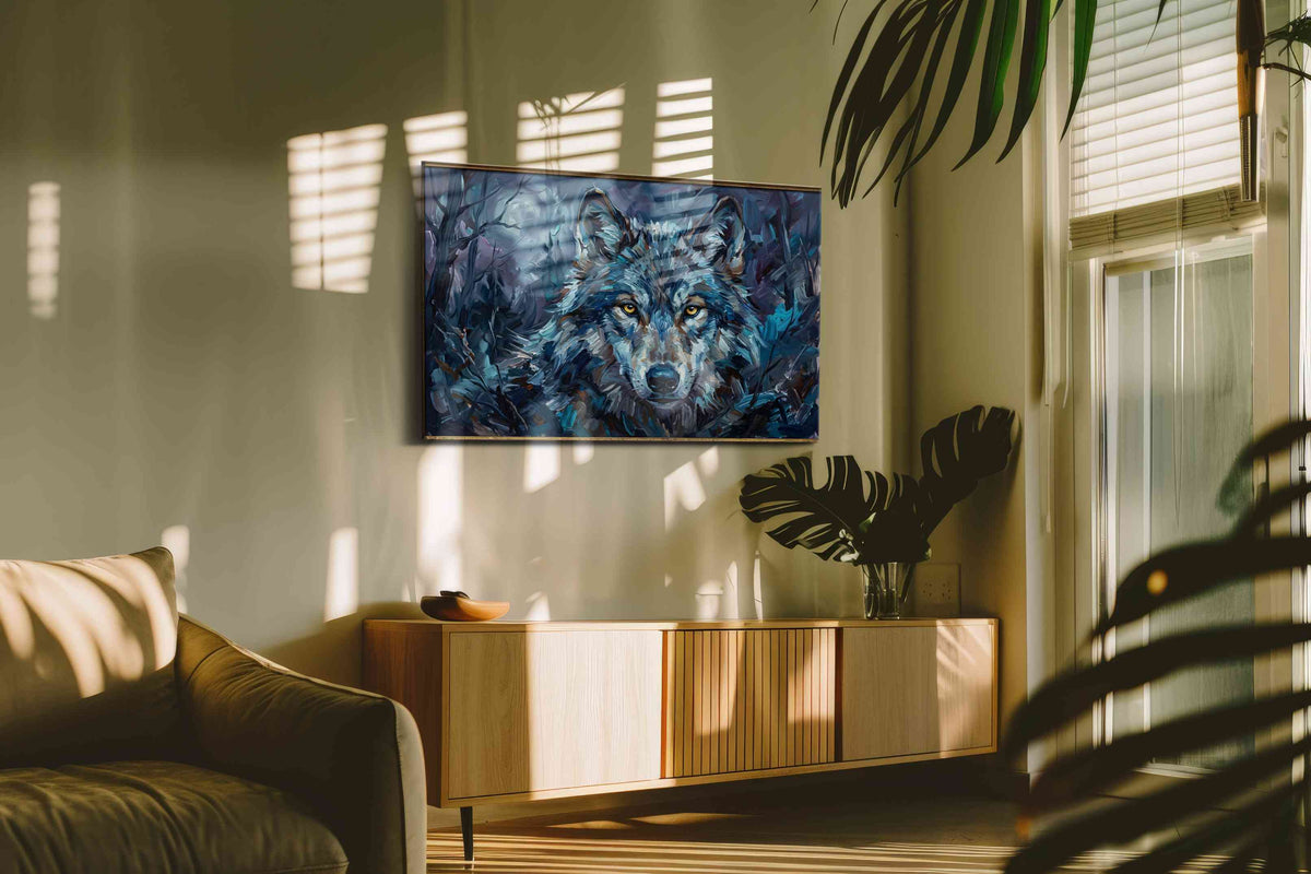 Ethereal Night Guardian wolf canvas print, on wall, lifestyle preview