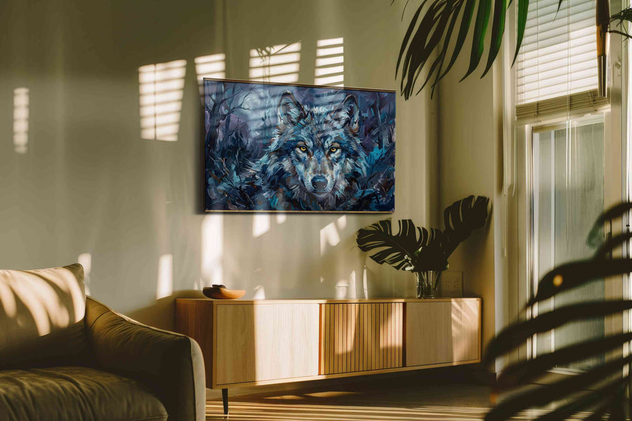 Ethereal Night Guardian wolf canvas print, on wall, lifestyle preview