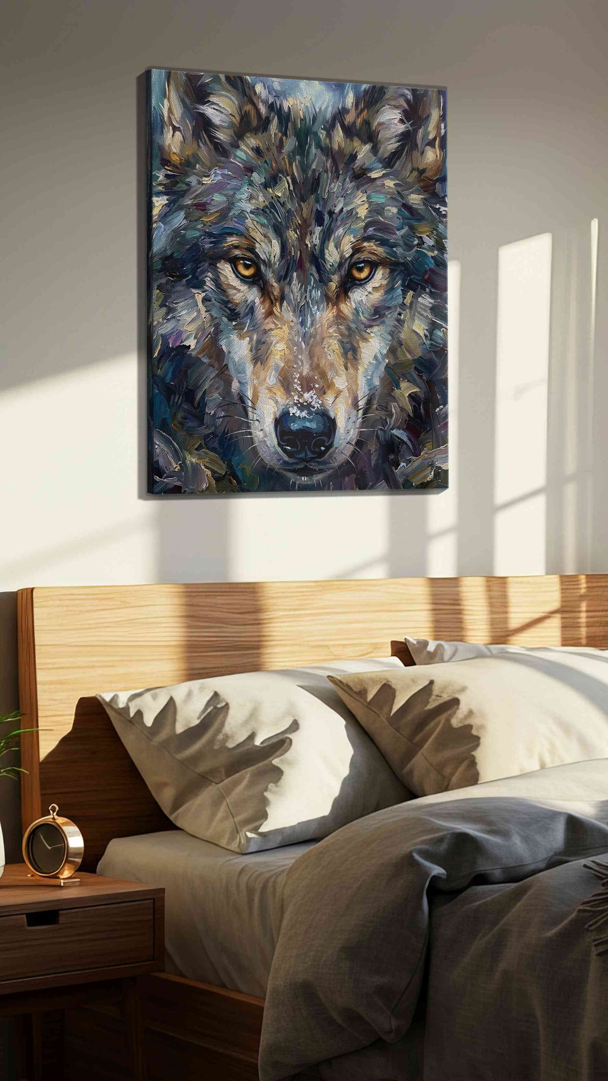 Ethereal Stare of the Wild wolf canvas print, displayed in a bedroom