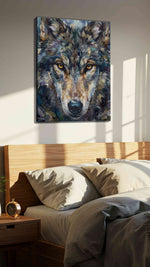 Ethereal Stare of the Wild wolf canvas print, displayed in a bedroom