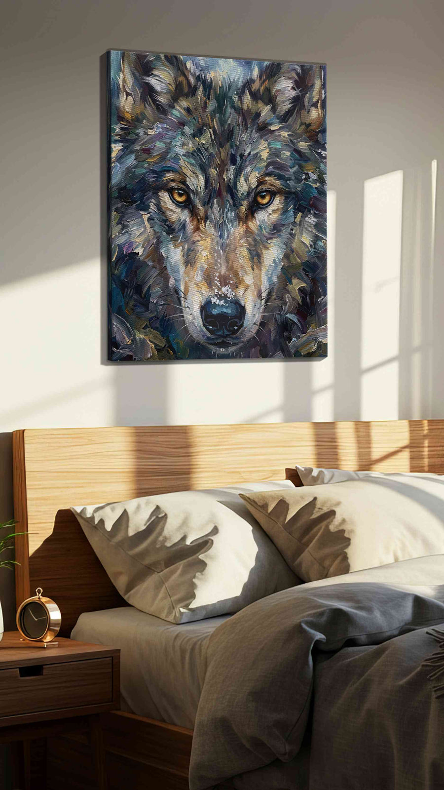 Ethereal Stare of the Wild wolf canvas print, displayed in a bedroom