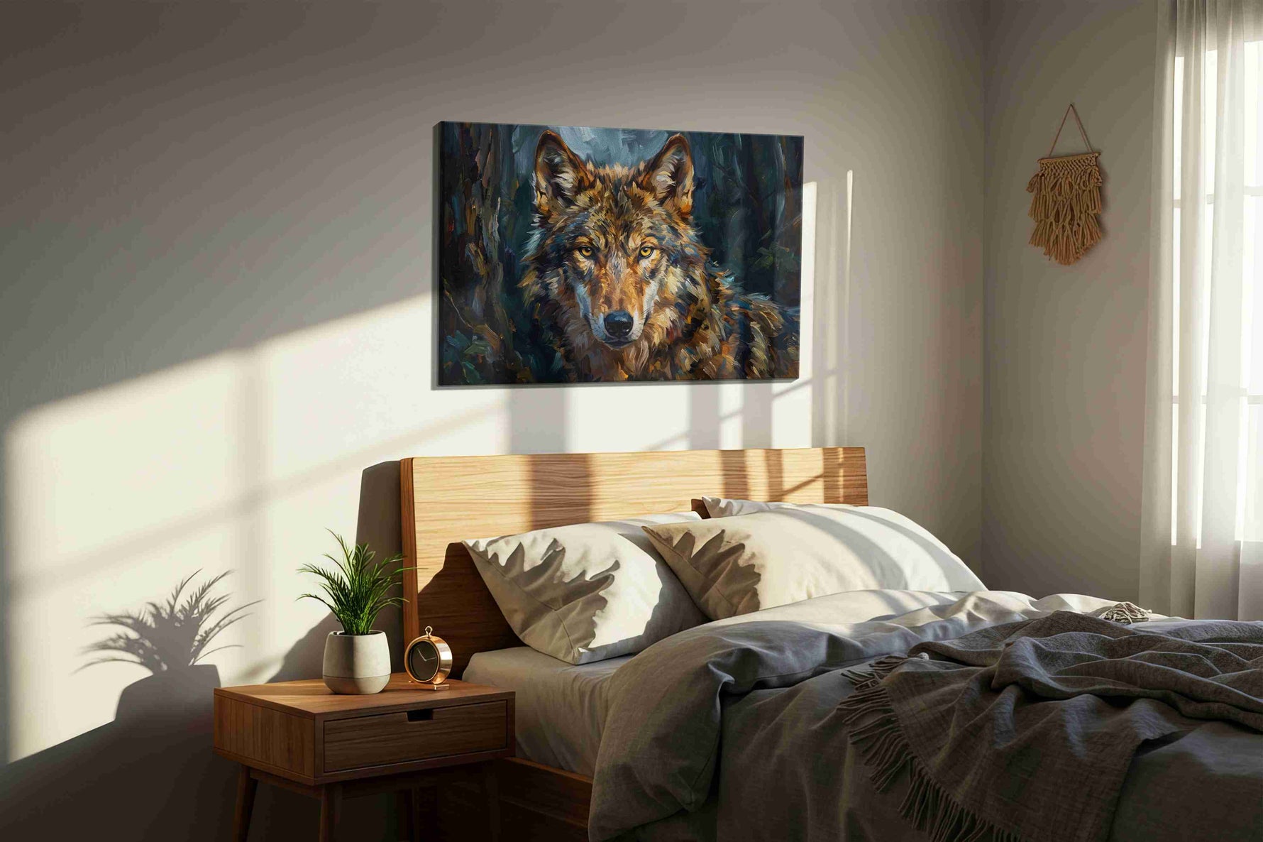 Eyes of the Midnight Guardian wolf canvas print, displayed in a bedroom