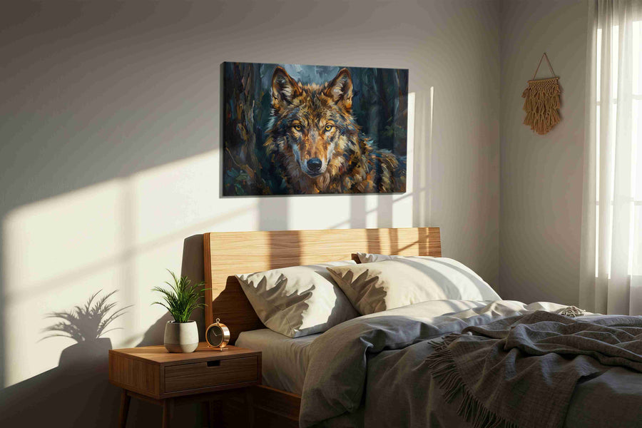 Eyes of the Midnight Guardian wolf canvas print, displayed in a bedroom