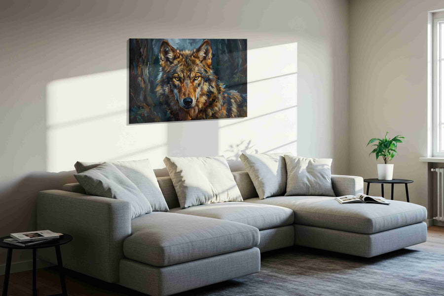 Eyes of the Midnight Guardian wolf canvas print, displayed in a living room