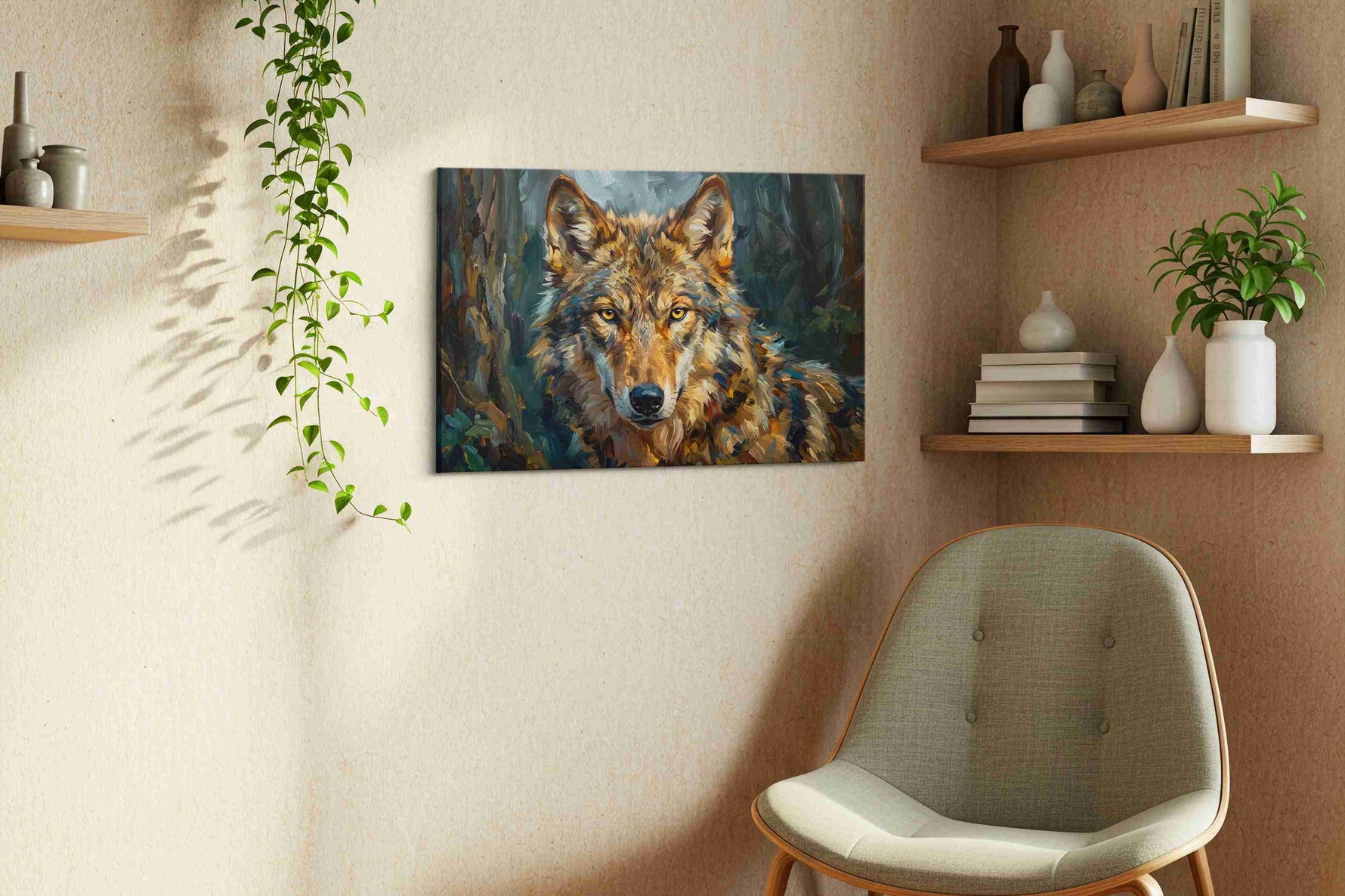 Eyes of the Midnight Guardian wolf canvas print, hanging on wall — view 2