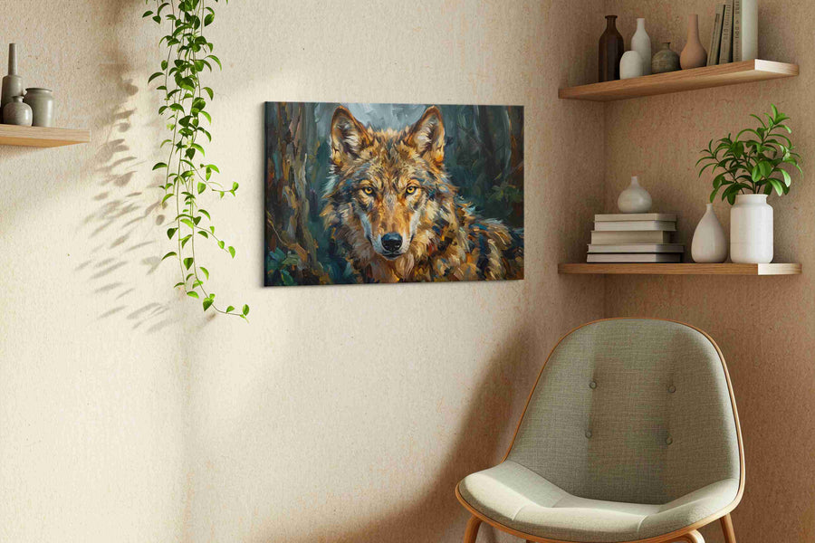 Eyes of the Midnight Guardian wolf canvas print, hanging on wall — view 2