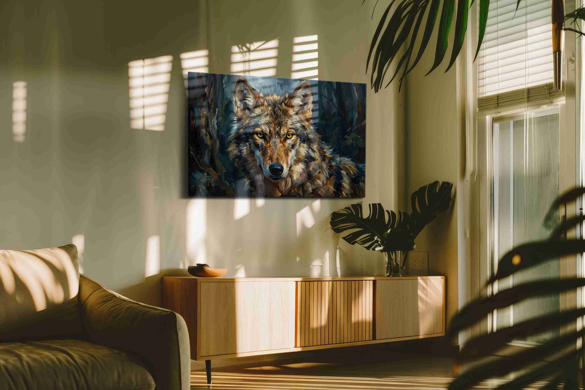 Eyes of the Midnight Guardian wolf canvas print, hanging on wall