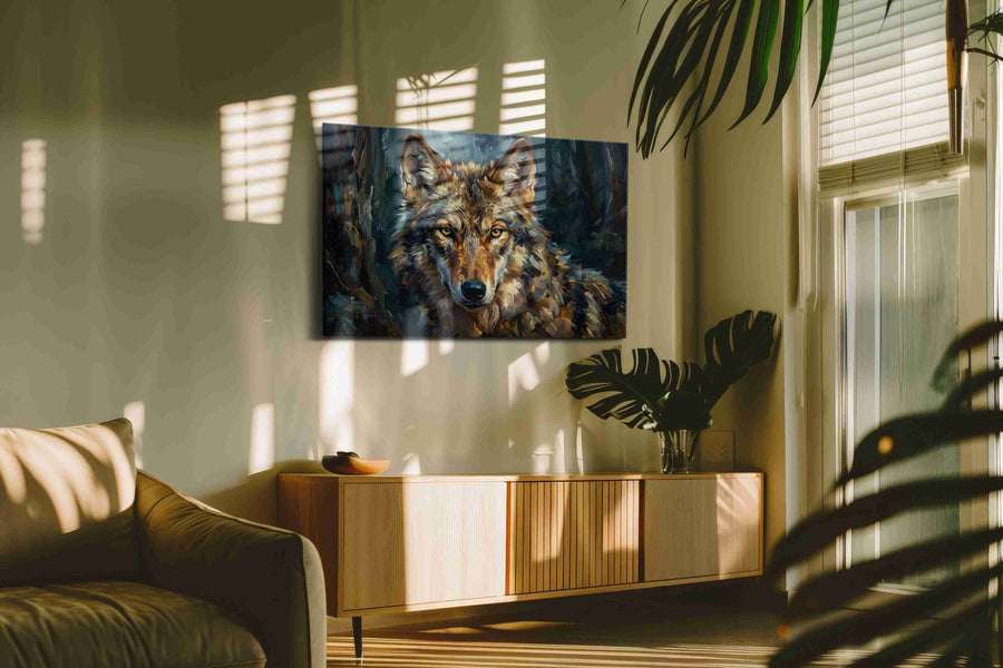 Eyes of the Midnight Guardian wolf canvas print, hanging on wall