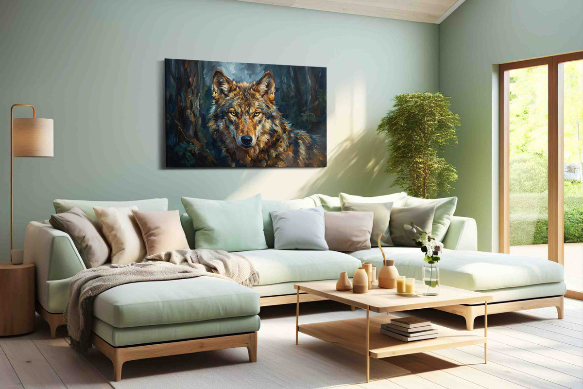 Eyes of the Midnight Guardian (Wolf) - Wolf Wall Art, Wildlife Canvas Print, Nature Predator Art shown in a wall scene