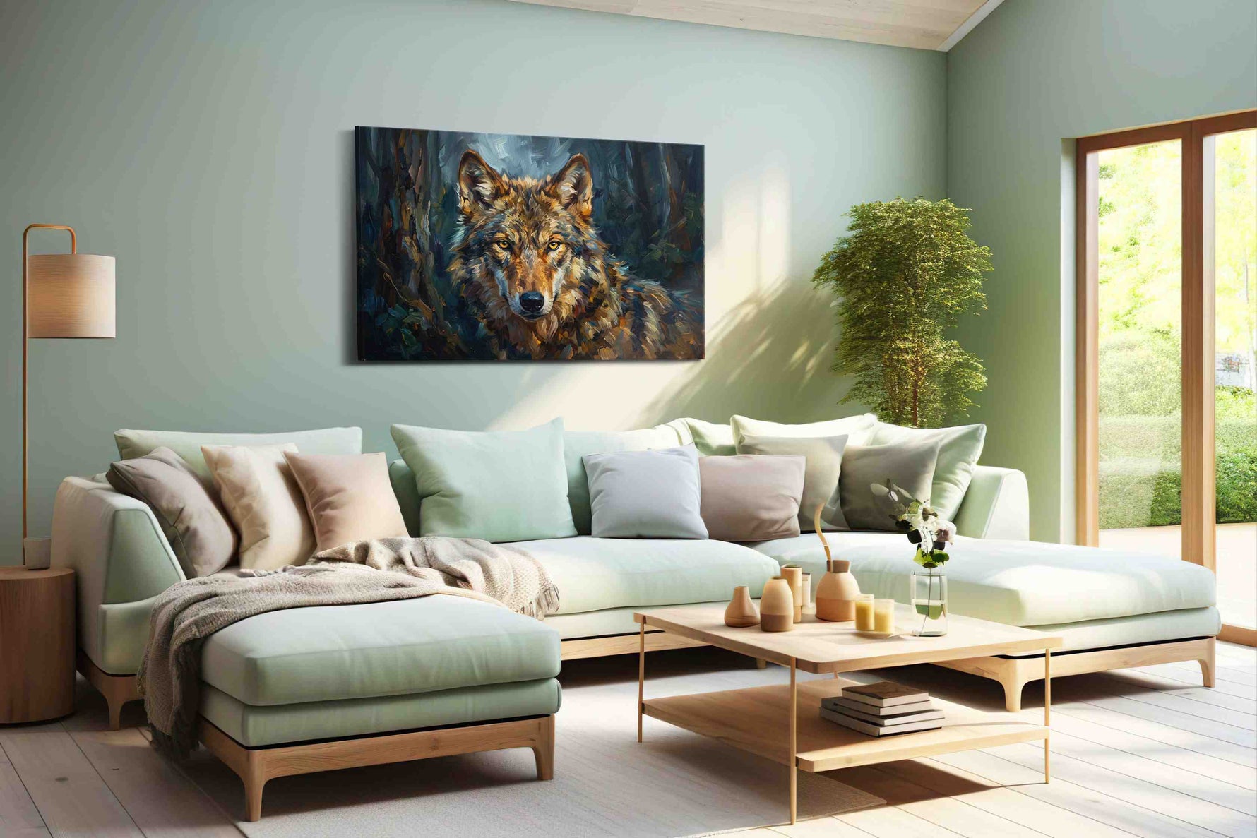 Eyes of the Midnight Guardian (Wolf) - Wolf Wall Art, Wildlife Canvas Print, Nature Predator Art shown in a wall scene
