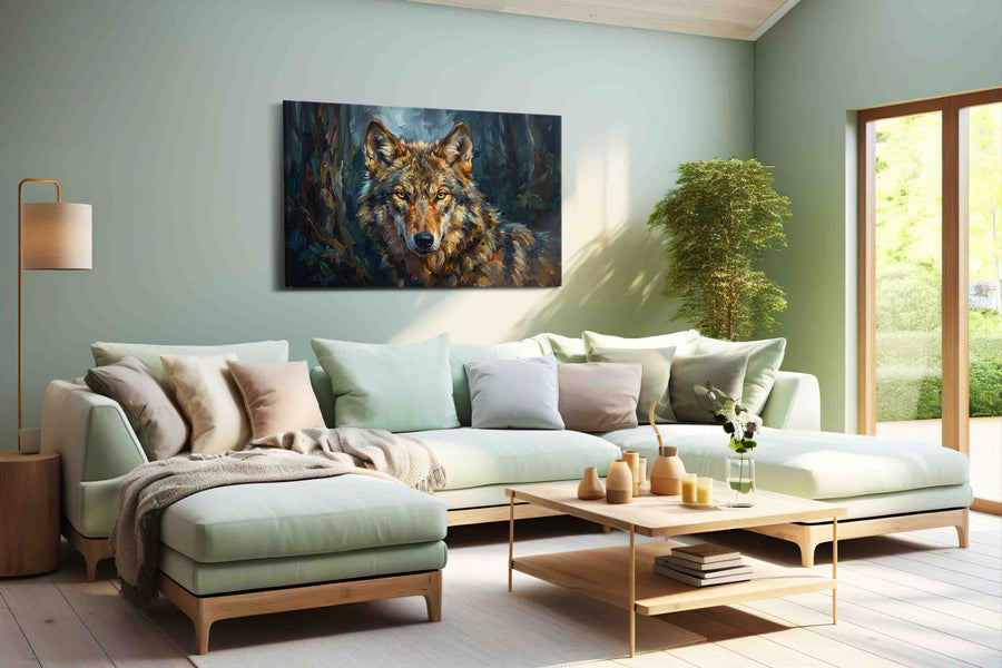 Eyes of the Midnight Guardian (Wolf) - Wolf Wall Art, Wildlife Canvas Print, Nature Predator Art shown in a wall scene