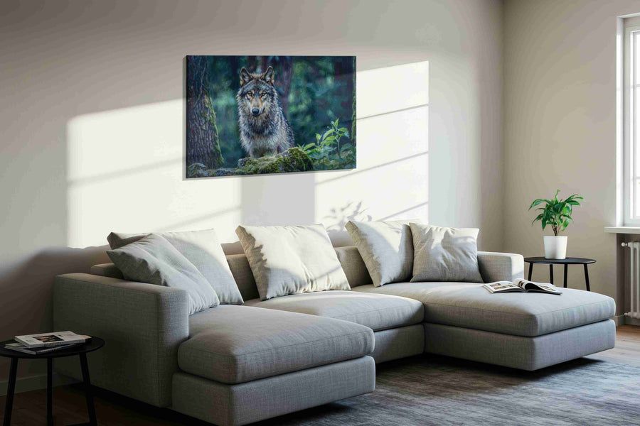 Forest Sentinel wolf canvas print, displayed in a living room