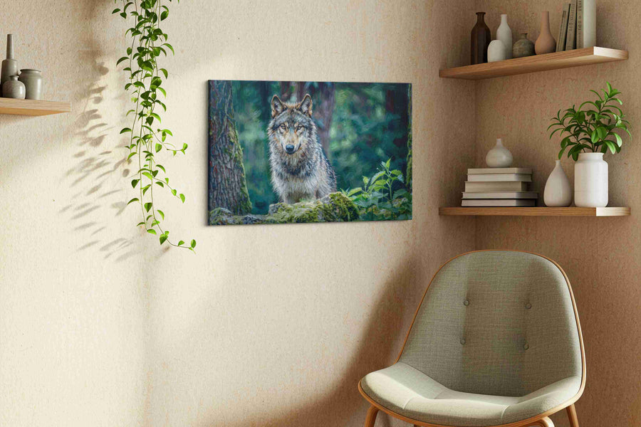 Forest Sentinel wolf canvas print in a living room scene