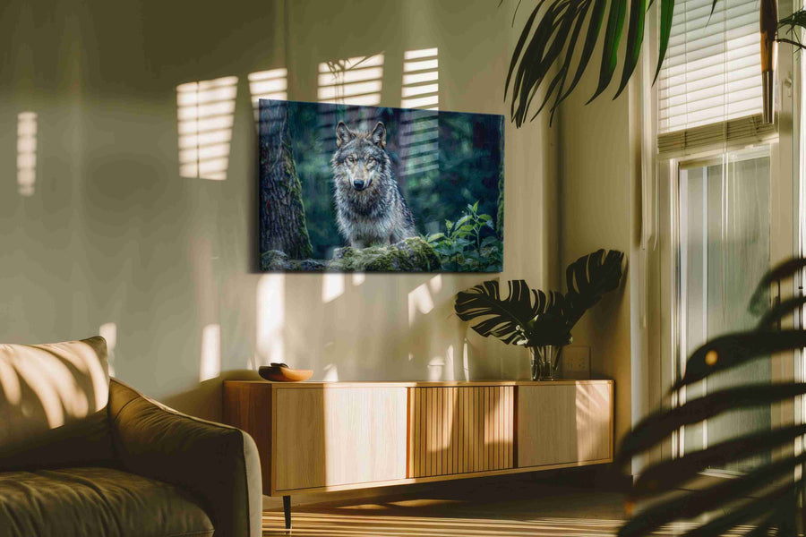 Forest Sentinel wolf canvas print, on wall, lifestyle preview