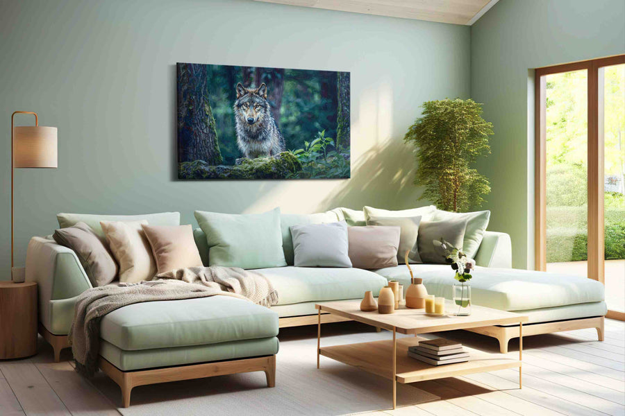 Forest Sentinel wolf canvas print, hanging on wall