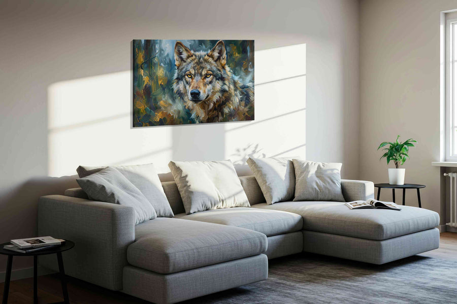 Gaze of the Wilderness Spirit wolf canvas print, displayed in a living room