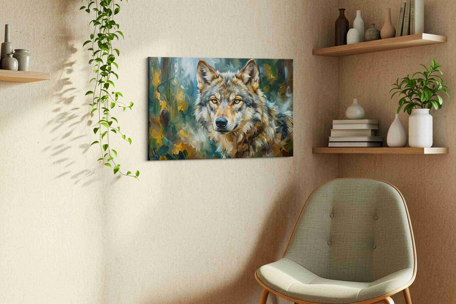 Gaze of the Wilderness Spirit wolf canvas print, hanging on wall — view 3