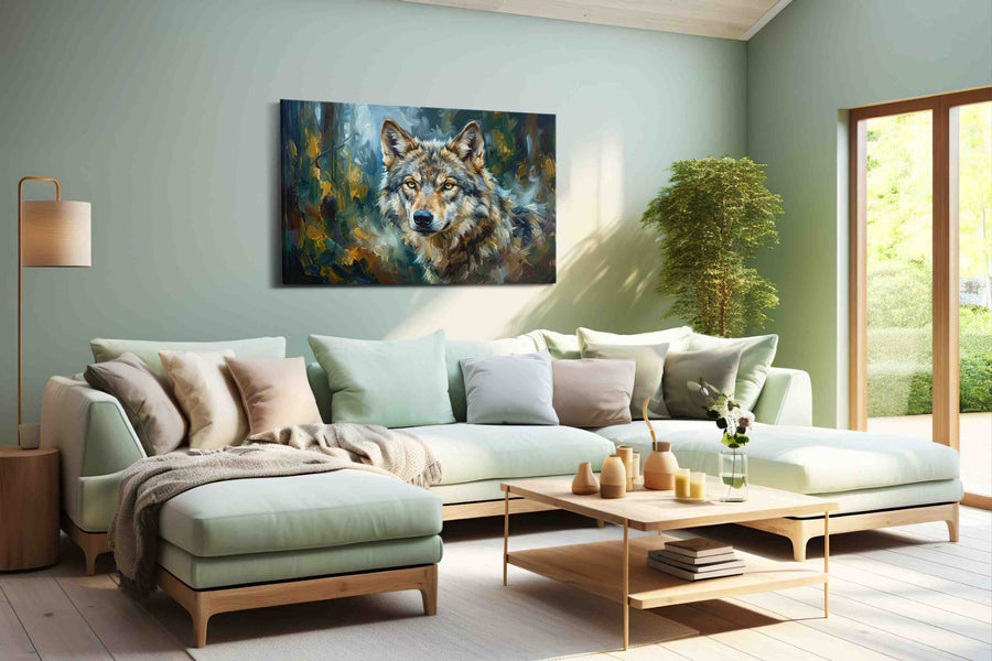 Gaze of the Wilderness Spirit (Wolf) - Wolf Wall Art, Wildlife Canvas Print, Nature Predator Art shown in a wall scene