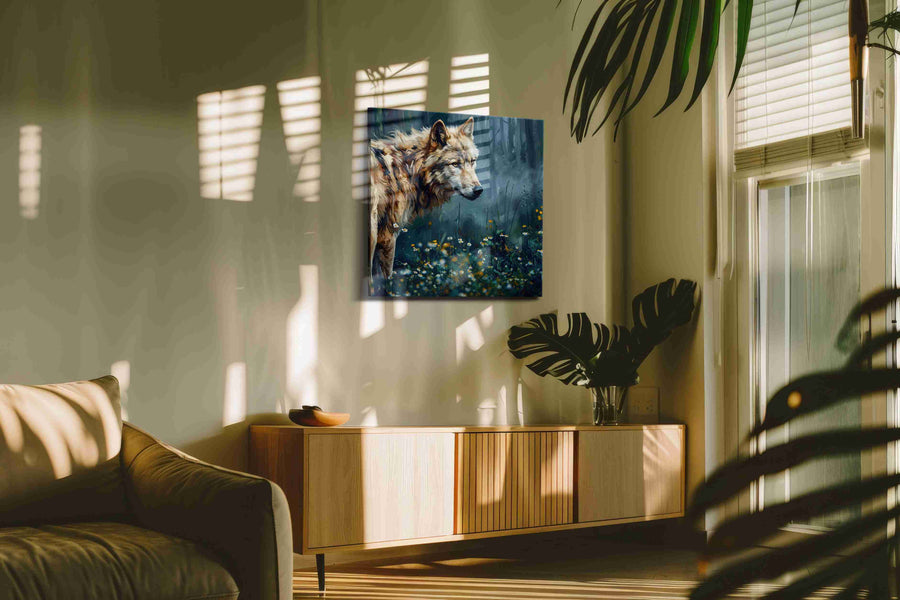 Guardian of the Enchanted Woods (Wolf) - Wolf Wall Art, Wildlife Canvas Print, Nature Predator Art styled in a living room