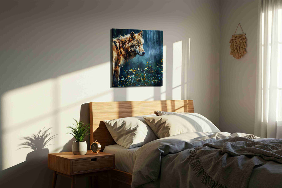 Guardian of the Enchanted Woods wolf canvas print, displayed in a bedroom
