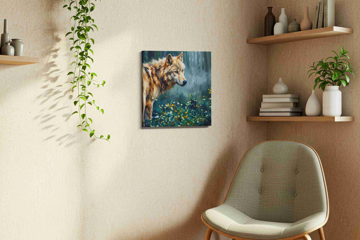 Guardian of the Enchanted Woods wolf canvas print, hanging on wall — view 3