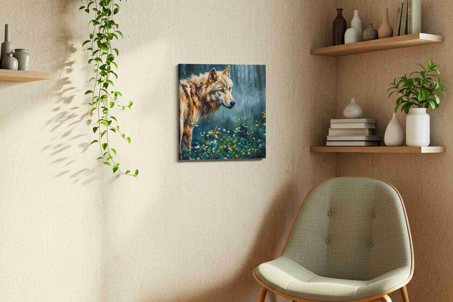 Guardian of the Enchanted Woods wolf canvas print, hanging on wall — view 3