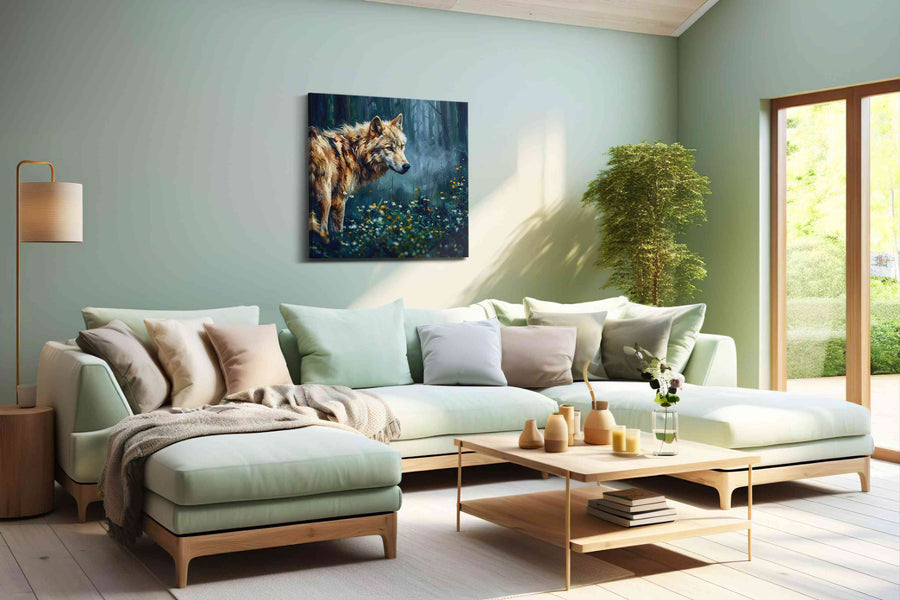 Guardian of the Enchanted Woods wolf canvas print shown in a wall scene