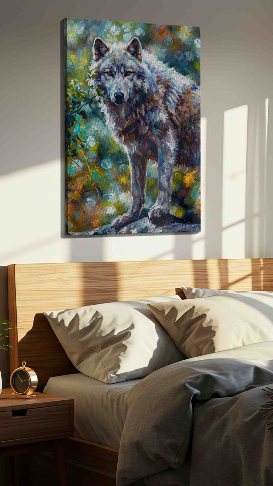 Guardian of the Forest Spirit wolf canvas print, displayed in a bedroom