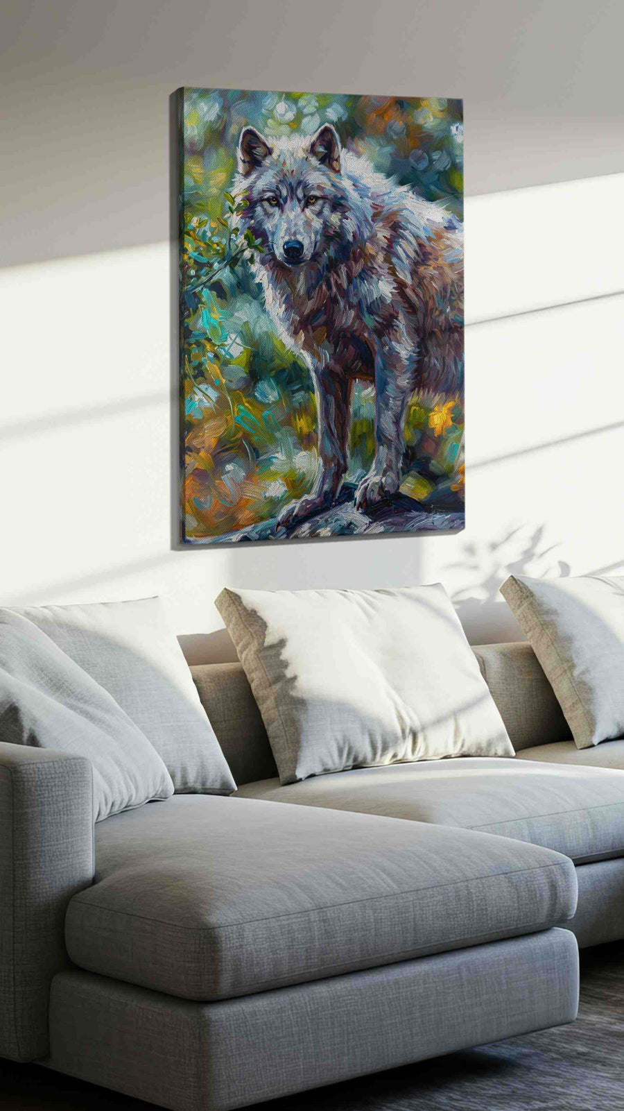 Guardian of the Forest Spirit wolf canvas print, displayed in a living room