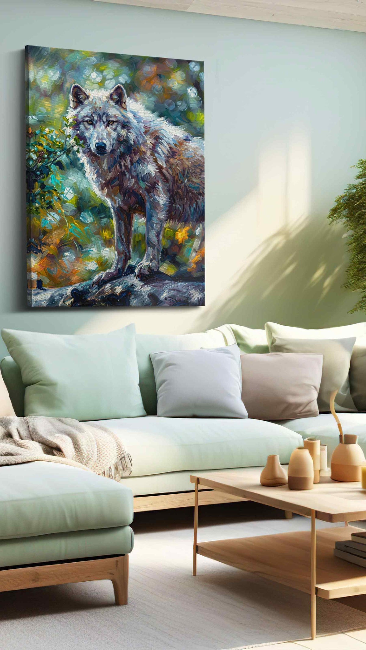 Guardian of the Forest Spirit wolf canvas print shown in a wall scene
