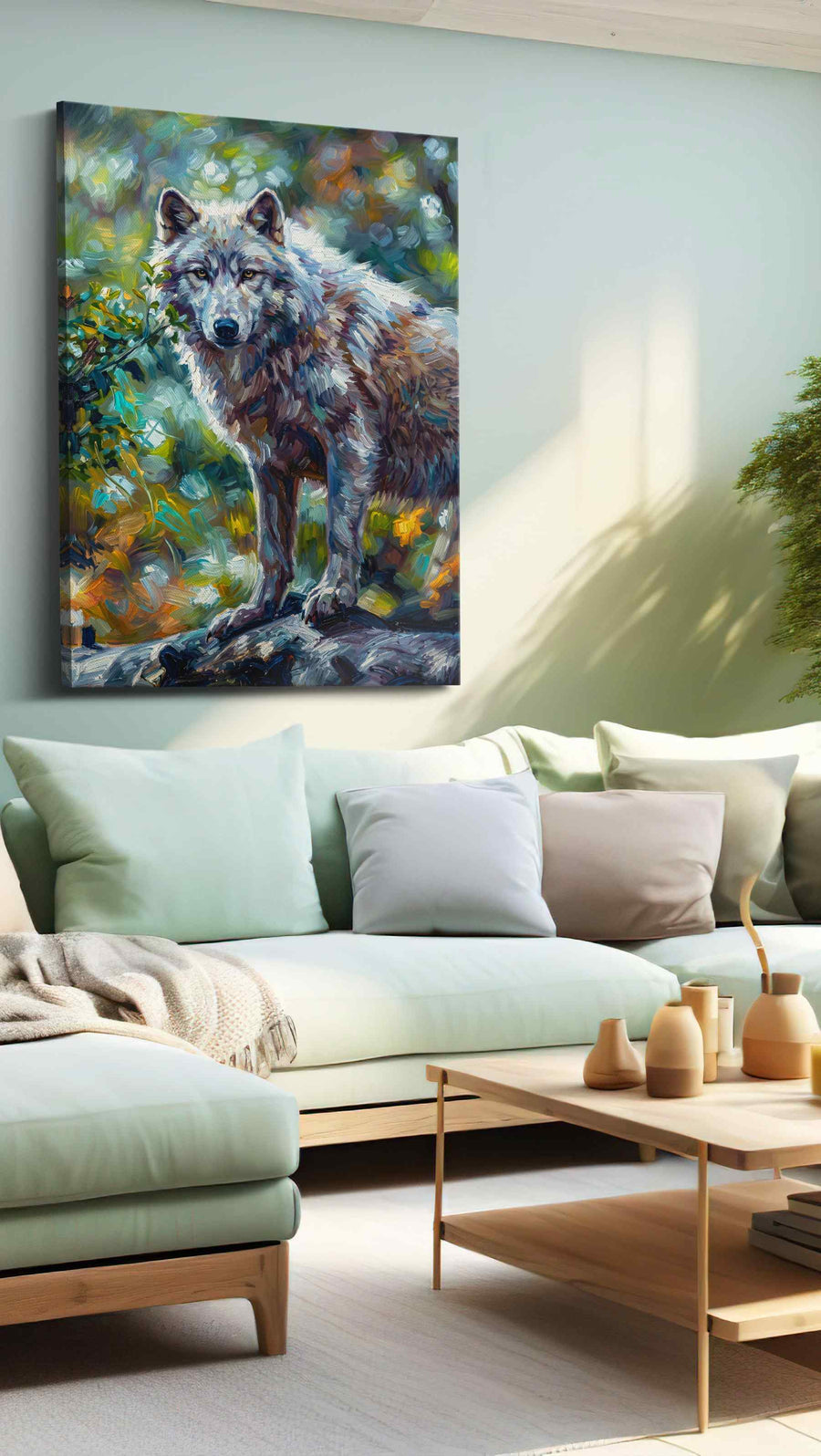 Guardian of the Forest Spirit wolf canvas print shown in a wall scene