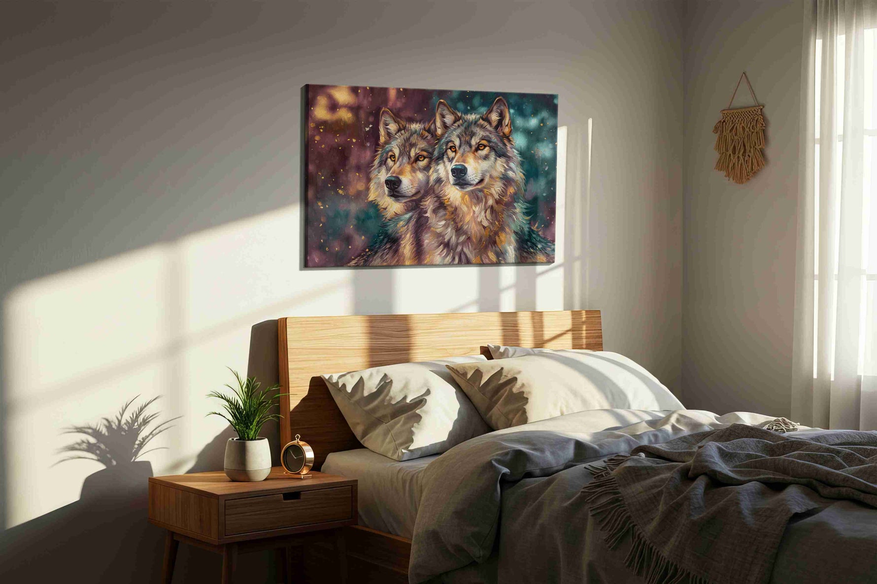 Guardians of the Twilight animals canvas print, displayed in a bedroom