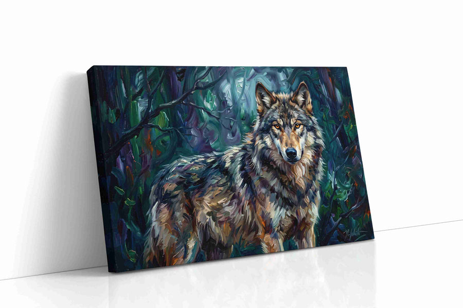 Lone Guardian of the Forest (Wolf) - Wolf Wall Art, Wildlife Canvas Print, Nature Predator Art gallery-wrapped landscape canvas studio shot