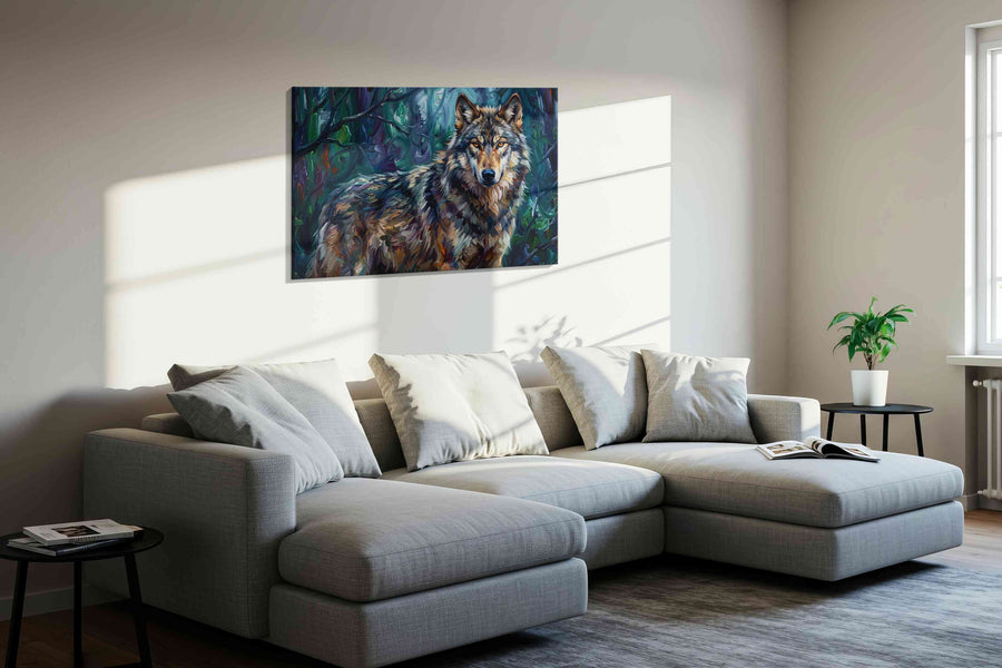 Lone Guardian of the Forest wolf canvas print, displayed in a living room