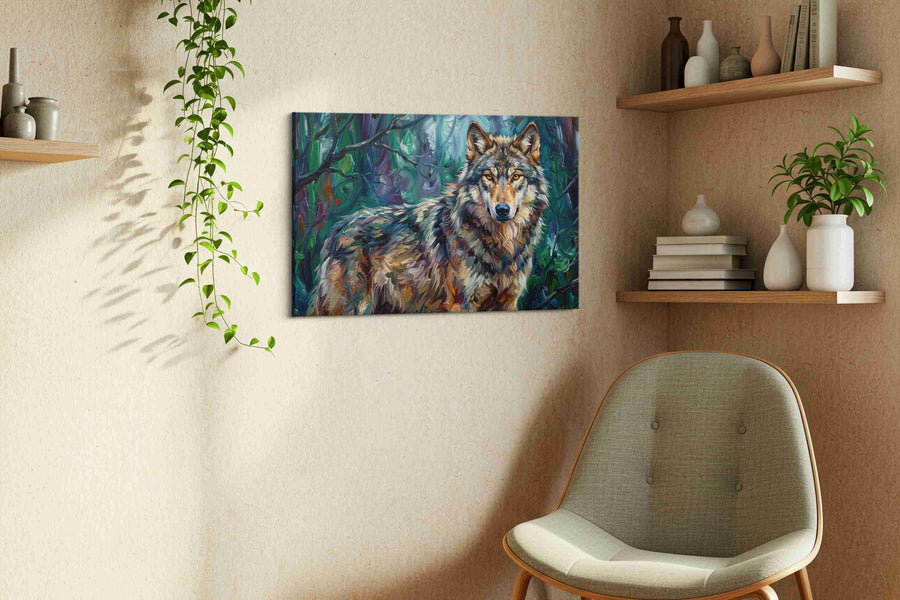 Lone Guardian of the Forest wolf canvas print, hanging on wall — view 2