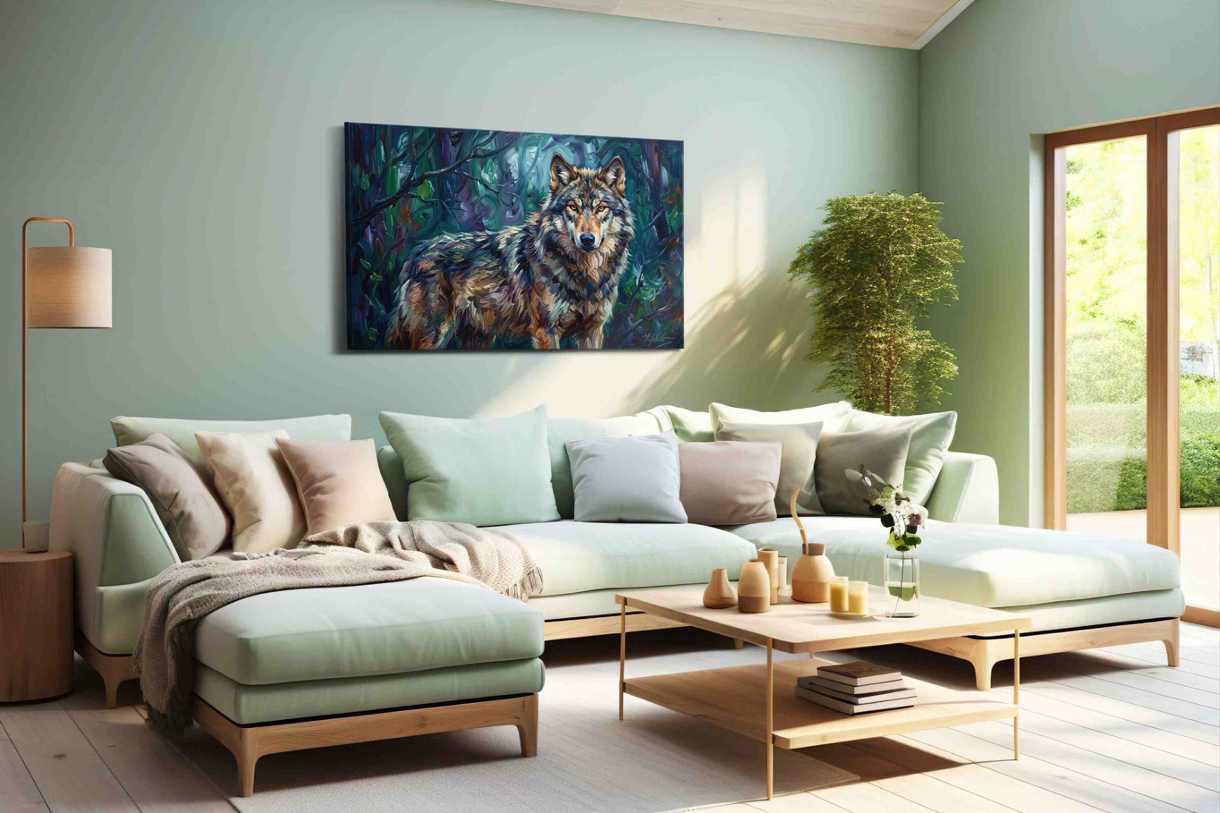 Lone Guardian of the Forest wolf canvas print shown in a wall scene