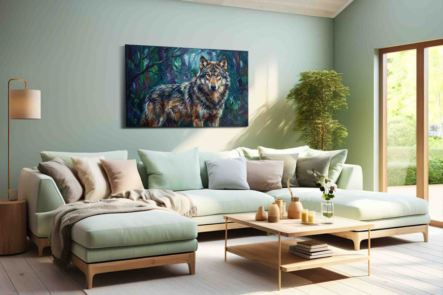 Lone Guardian of the Forest wolf canvas print shown in a wall scene