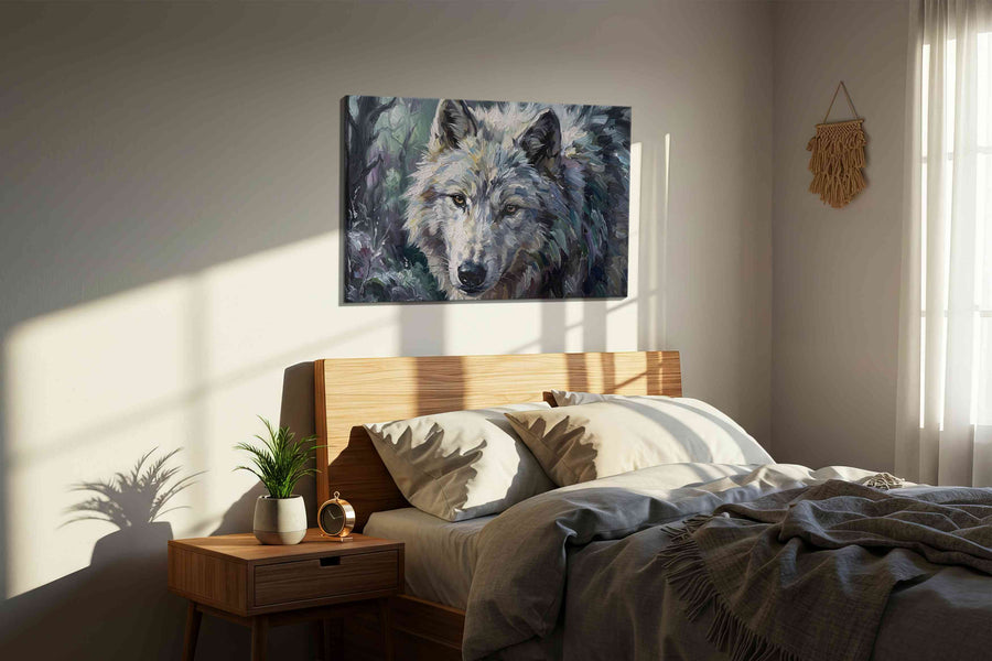 Luminous Forest Guardian wolf canvas print, displayed in a bedroom