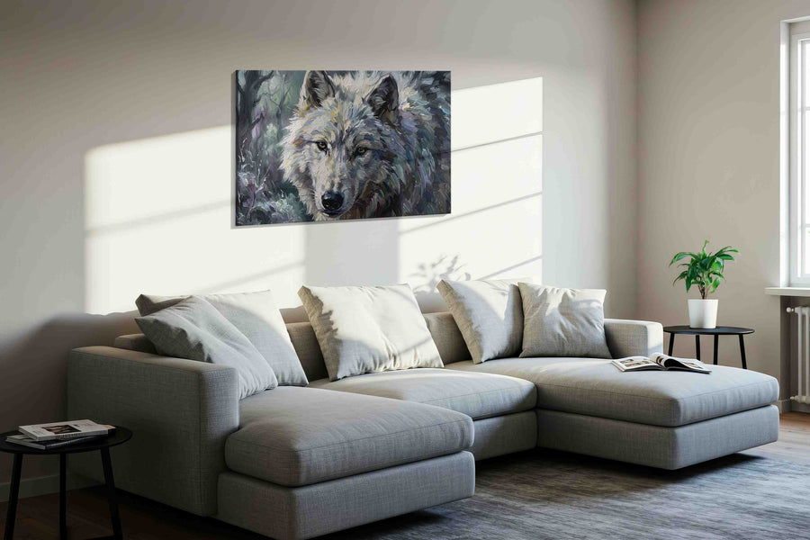 Luminous Forest Guardian wolf canvas print in a living room scene