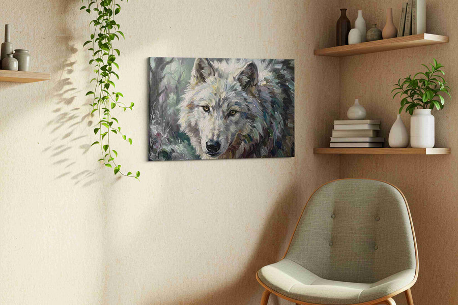 Luminous Forest Guardian wolf canvas print, displayed in a living room
