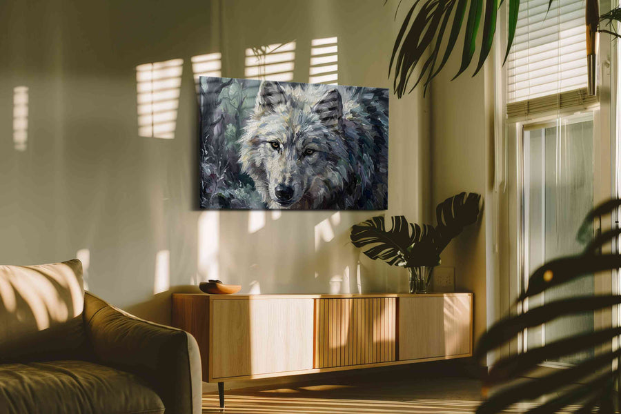 Luminous Forest Guardian wolf canvas print, on wall, lifestyle preview