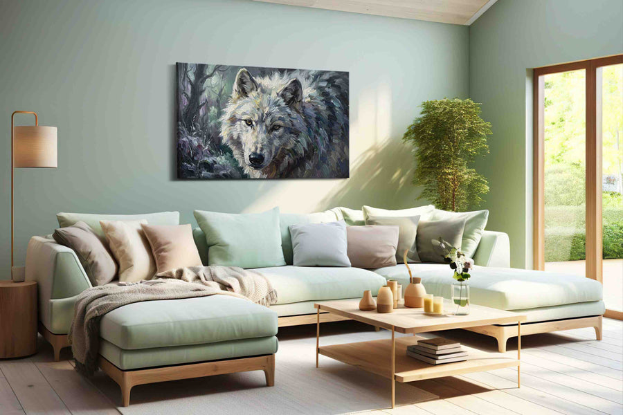 Luminous Forest Guardian wolf canvas print, hanging on wall