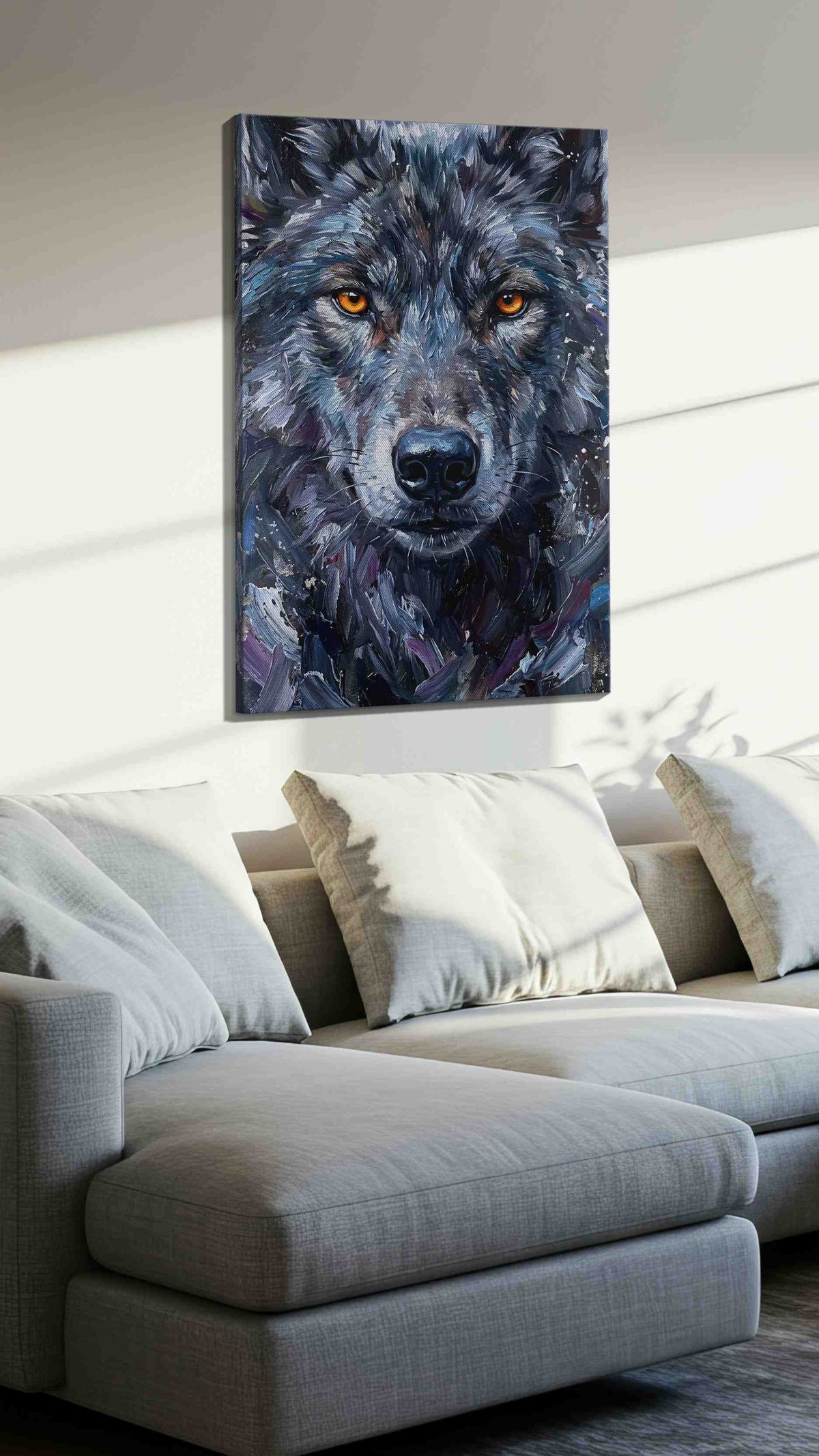 Luminous Gaze of the Wild (Wolf) - Wolf Wall Art, Wildlife Canvas Print, Nature Predator Art in a living room scene